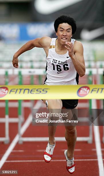 Liu Xiang runs to victory in the Men's 110m Hurdles during the 2005 Nike Prefontaine Classic Grand Prix on June 4, 2005 at Hayward Field in Eugene,...