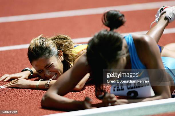Frances Santin grimaces after falling with Hazel Clark in the Women's 800m during the 2005 Nike Prefontaine Classic Grand Prix on June 4, 2005 at...
