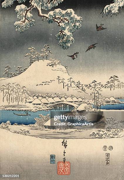 Center panel from the series A modern version of the Tale of Genji in snow scenes, by Utagawa Kunisada , Ando Hiroshige and Utagawa Toyokuni , 1853.