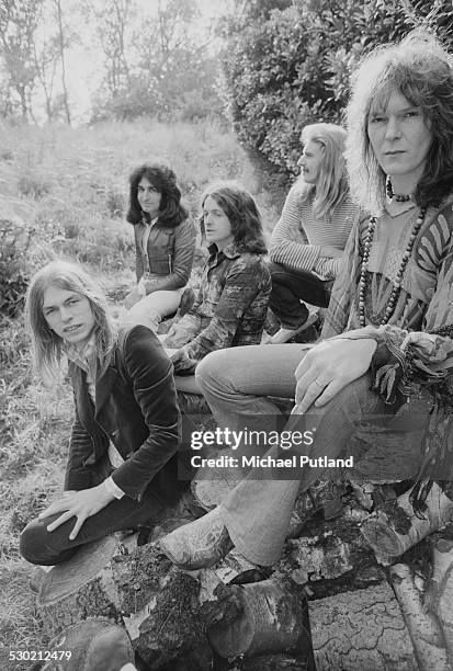 English progressive rock group Yes, UK, 19th September 1974. Left to right: guitarist Steve Howe, keyboard player Patrick Moraz, singer Jon Anderson,...