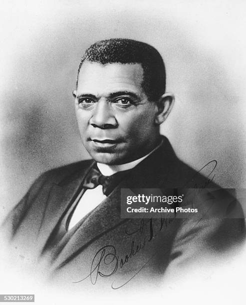 Engraved portrait of African American author and educator, Booker T Washington, with his signature, circa 1900.