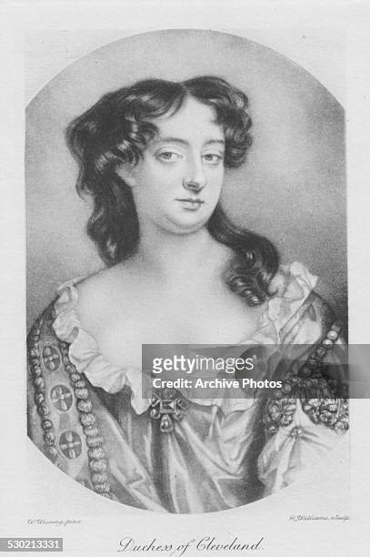 Engraved portrait of Barbara Palmer, Duchess of Cleveland and courtesan from the Villiers family, circa 1670. Engraved by R Williams from the...