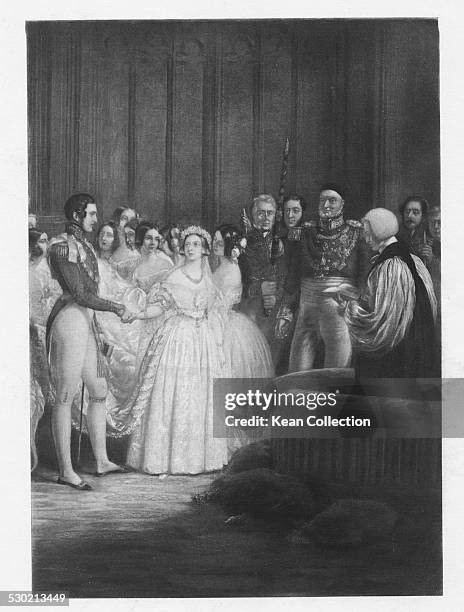Engraving depicting the wedding of Queen Victoria of Great Britain and Prince Albert Saxe-Coburg-Gotha, St James's Palace, London, February 10th 1840.