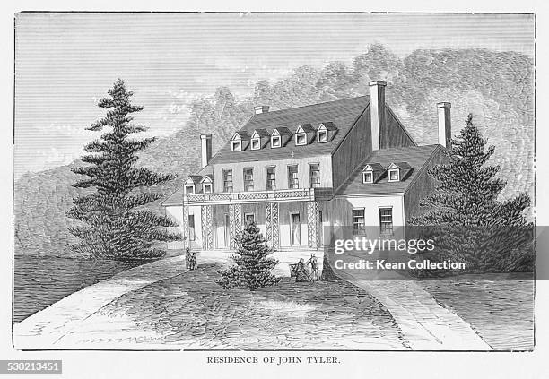 Engraved view of the home of John Tyler, 10th US President, Sherwood Forest Plantation, Charles City County, Virginia, circa 1845.