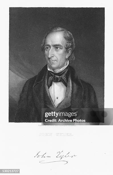 Engraved portrait of 10th US President John Tyler, with his signature, circa 1850. Engraved by J B Forrest from the original by J R Lambdin.