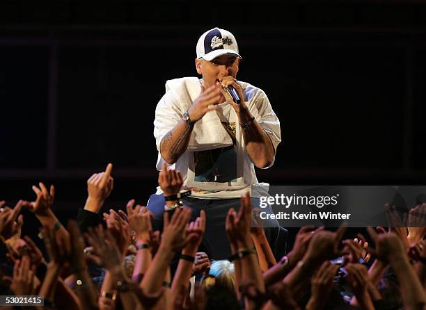 Rap Artist Eminem performs onstage during the 2005 MTV Movie Awards at the Shrine Auditorium on June 4, 2005 in Los Angeles, California. The 14th...