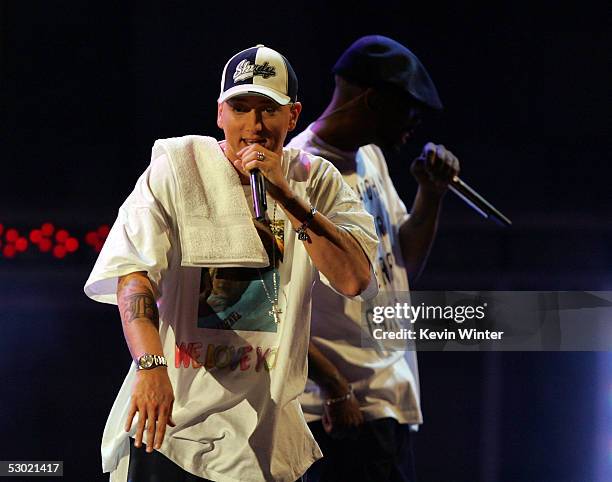 Rap Artist Eminem performs onstage during the 2005 MTV Movie Awards at the Shrine Auditorium on June 4, 2005 in Los Angeles, California. The 14th...