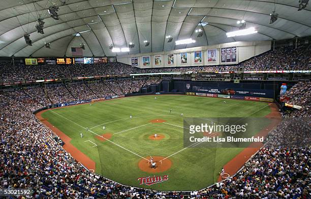 View inside the Metrodome during the Minnesota Twins game against the New York Yankees on June 4, 2005 in Minneapolis, Minnesota. The Yankees won the...