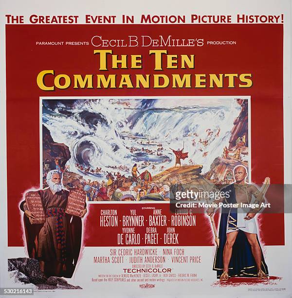 Poster for Cecil B. DeMille's 1956 drama 'The Ten Commandments' starring Charlton Heston and Yul Brynner.