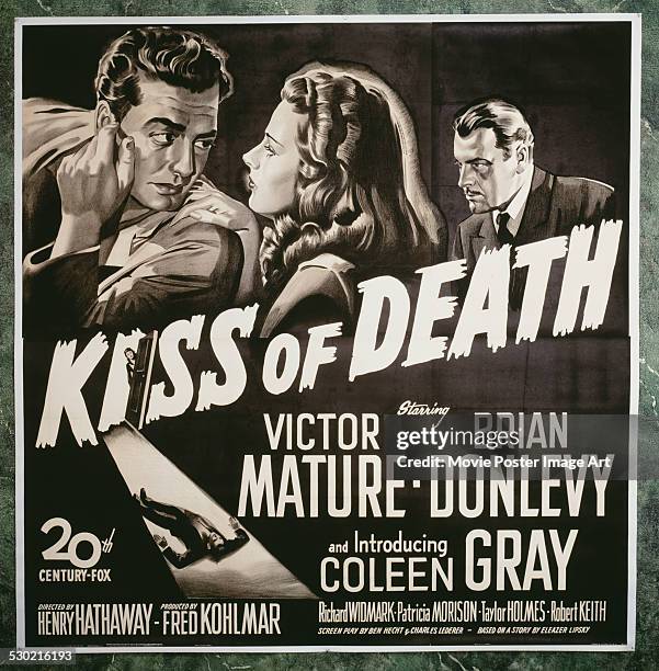 Poster for Henry Hathaway's 1947 crime film 'Kiss of Death' starring Victor Mature, Brian Donlevy, and Coleen Gray.