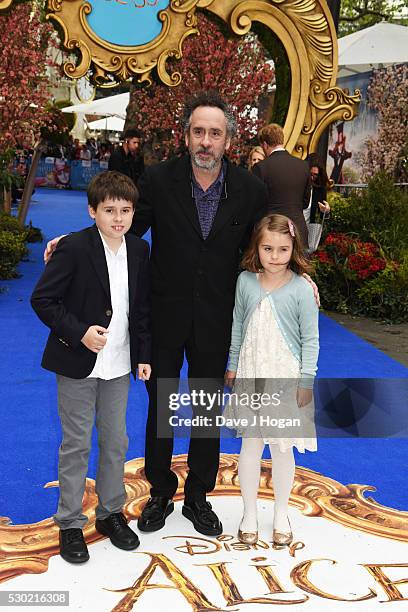 Executive Producer Tim Burton with his children Billy and Nell attend the European Premiere of "Alice Through The Looking Glass" at Odeon Leicester...