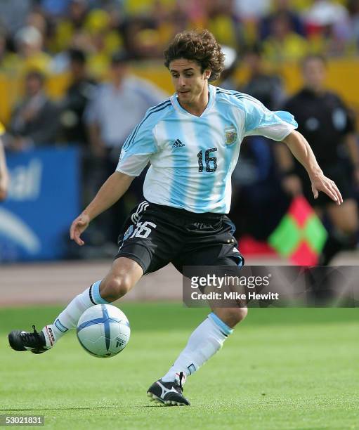 Pablo Aimar of Argentina plays the ball against Ecuador during the FIFA World Cup qualifying match between Ecuador and Argentina at the Atahualpa...