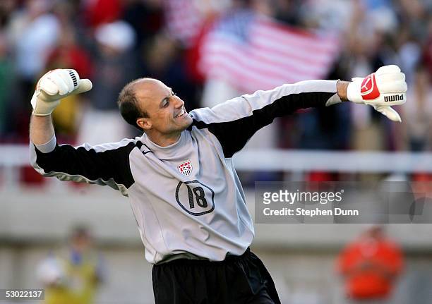 Goal keeper Kasey Keller of the USA celebrates the USA's third goal against Costa Rica in their CONCACAF World Cup qualifying match on June 4, 2005...