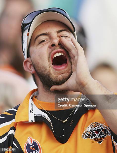 Tigers fan shows his emotion during the round 13 NRL match between the Wests Tigers and the Melbourne Storm at Leichhardt Oval June 5, 2005 in...