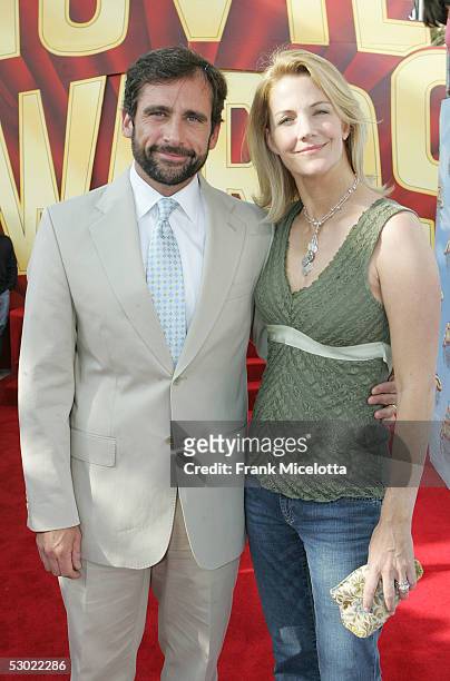 Actors Steve Carell and wife Nancy Walls arrive to the 2005 MTV Movie Awards at the Shrine Auditorium June 4, 2005 in Los Angeles, California. The...
