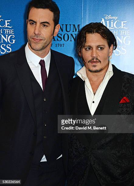Sacha Baron Cohen and Johnny Depp attend the European Premiere of "Alice Through The Looking Glass" at Odeon Leicester Square on May 10, 2016 in...