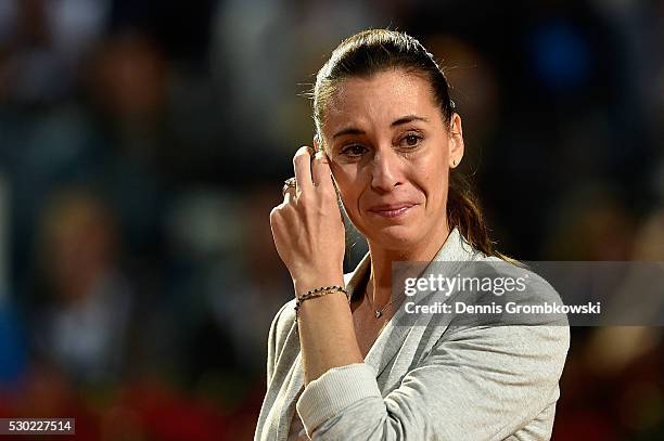 Flavia Pennetta of Italy waves bye after retiring from tennis on Day Three of The Internazionali BNL d'Italia 2016 on May 10, 2016 in Rome, Italy.