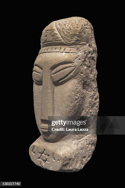 One of the three heads known as Testa Beta that it is belived to be attributed to Amedeo Modigliani is displayed in a bank vault on May 10, 2016 in...