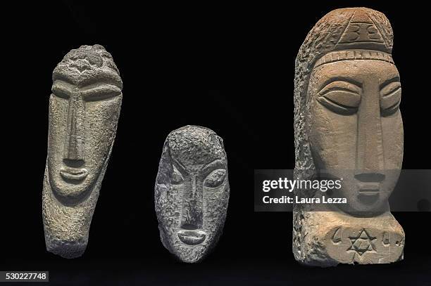 The three heads known as Testa Gamma, Testa Alpha, Testa Beta, that it is belived to be attributed to Amedeo Modigliani are displayed in a bank vault...