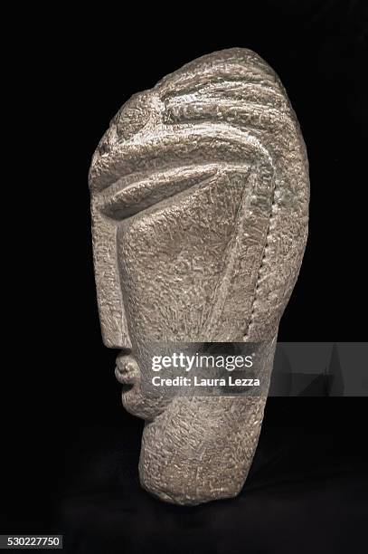 One of the three heads known as Testa Gamma that it is belived to be attributed to Amedeo Modigliani is displayed in a bank vault on May 10, 2016 in...