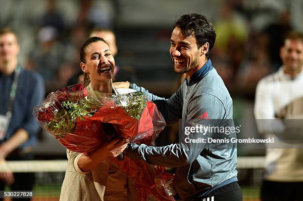 Flavia Pennetta and Fabio Fognini of Italy react as Flavia Pennetta waves bye after retiring from tennis on Day Three of The Internazionali BNL...