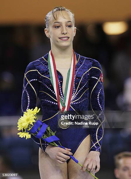 Emilie Lepennec of France wins the gold medal in the women's uneven bars final during the finals of the Gymnastics European Championships on June 5,...