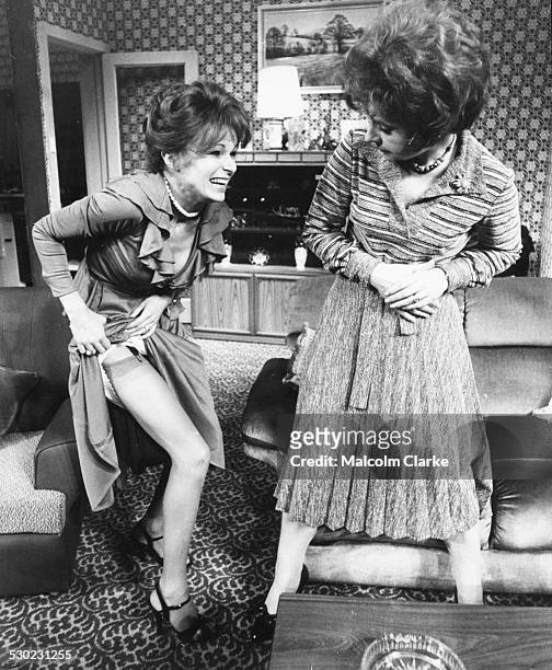 Actresses Julie Walters and Prunella Scales, rehearsing a scene from the play 'Breezeblock Park', at Whitehall Theatre, London, November 2nd 1977.