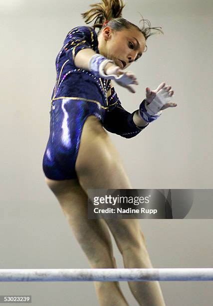 Emilie Lepennec of France wins the gold medal in women's final of uneven bars at the Gymnastics European Championships on June 5, 2005 in Debrecen,...