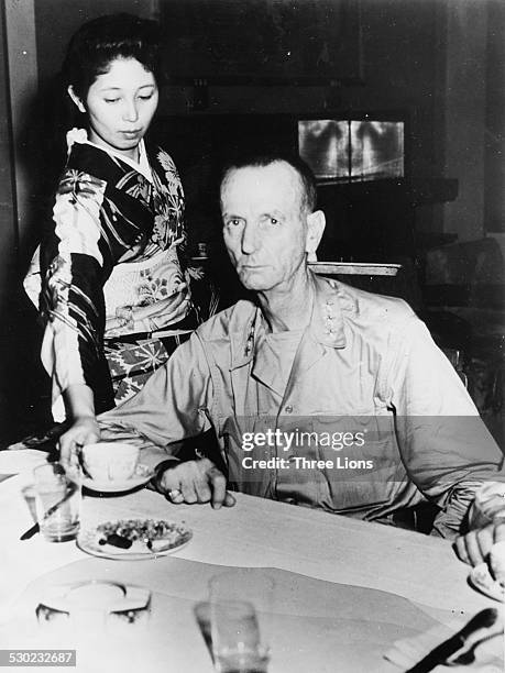 General Jonathan M Wainwright looking gaunt and frail following his liberation from prison camp, at General MacArthur's headquarters in Yokohama,...