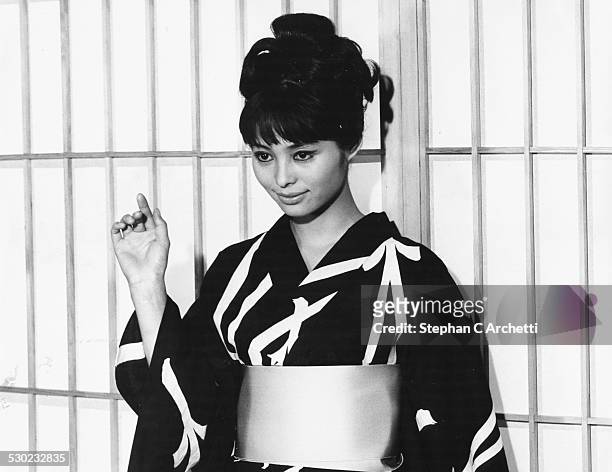Japanese actress Akiko Wakabayashi, wearing a kimono in a scene from the James Bond film 'You Only Live Twice', circa 1967.