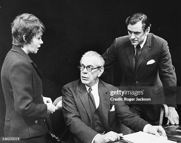 Actors Dorothy Bromiley, Raymond Massey and George Baker, rehearsing the play 'I Never Sang for my Father', at the Duke of York Theatre, London, May...