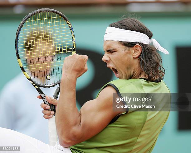 Rafael Nadal of Spain celebrates a point during the Mens Final match against Mariano Puerta of Argentina on the fourteenth day of the French Open at...