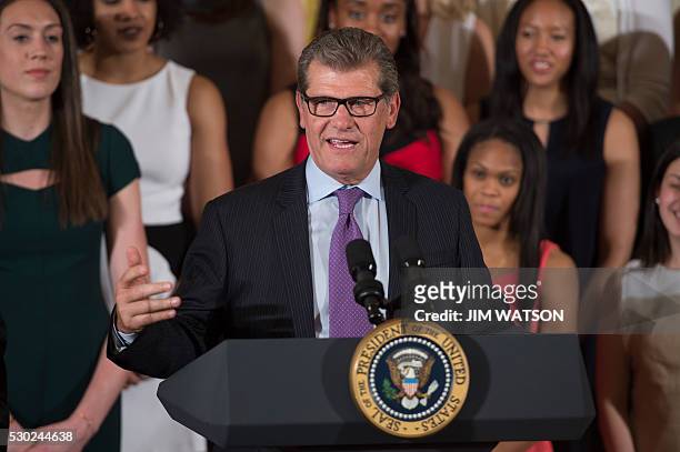 Head Coach of the UConn Huskies, Geno Auriemma speaks at the White House in Washington, DC, May 10 during an event welcoming the 2016 NCAA Champion...