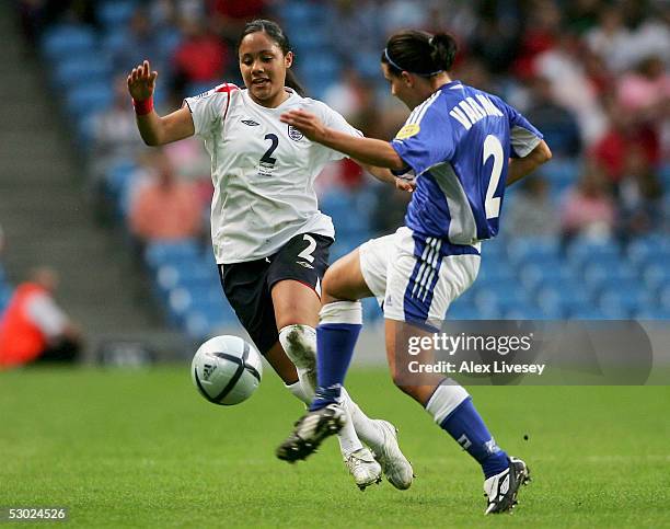 Alex Scott of England beats Petra Vaelma of Finland during the Women's UEFA European Championship 2005 Group A game between England and Finland at...