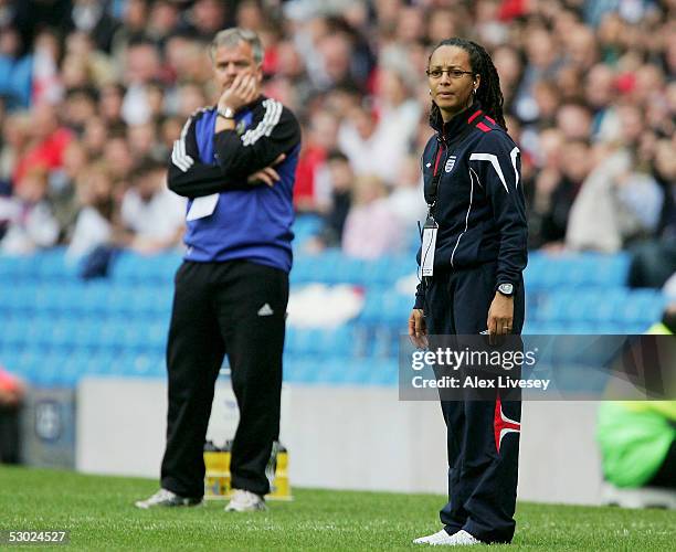 Hope Powell the manager of England and Michael Kald the manager of Finland look onduring the Women's UEFA European Championship 2005 Group A game...