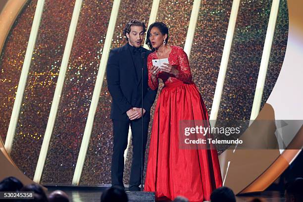 Show -- Pictured: Eugenio Siller and Carmen Dominicci on stage during the 2014 Billboard Latin Music Awards, from Miami, Florida at the BankUnited...