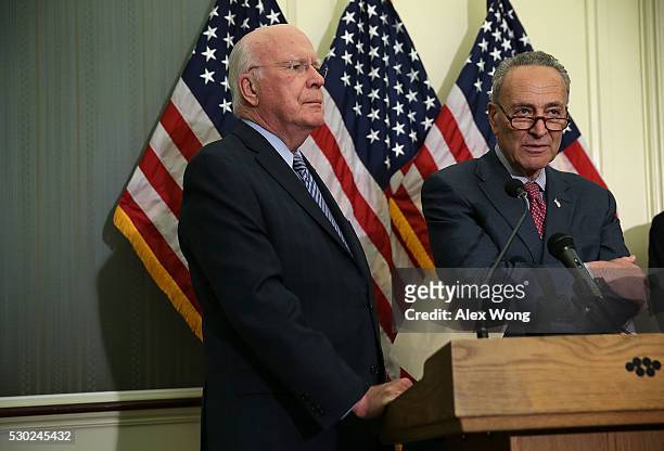 Ranking member of U.S. Senate Judiciary Committee Sen. Patrick Leahy and Sen. Charles Schumer attend a press availability May 10, 2016 on Capitol...