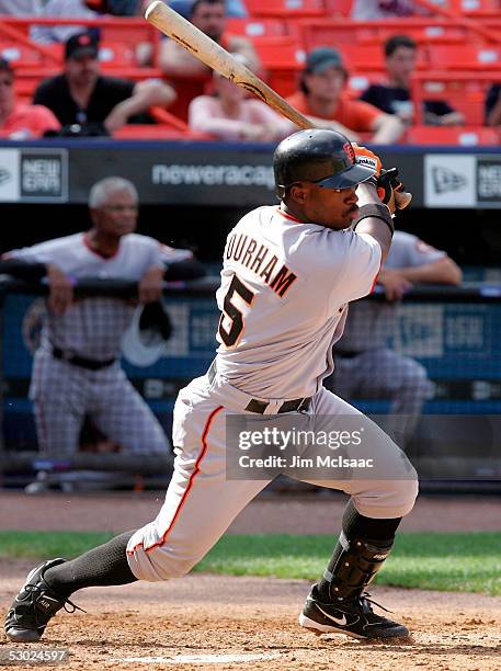 Ray Durham of the San Francisco Giants hits an RBI single in the third inning against the New York Mets during the first game of their double header...