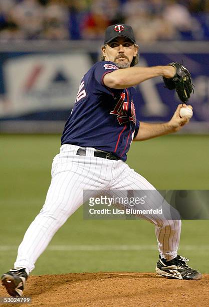 Terry Mulholland of the Minnesota Twins pitches against the New York Yankees in the ninth inning on June 5, 2005 at the Metrodome in Minneapolis,...