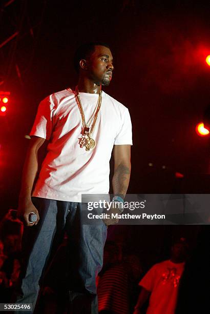Rapper Kanye West performs at the Hot 97 Summer Jam 2005 Concert June 5, 2005 at Giant Stadium in East Rutherford, New Jersey.