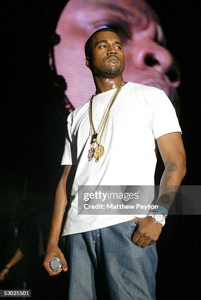 Rapper Kanye West performs at the Hot 97 Summer Jam 2005 Concert June 5, 2005 at Giant Stadium in East Rutherford, New Jersey.