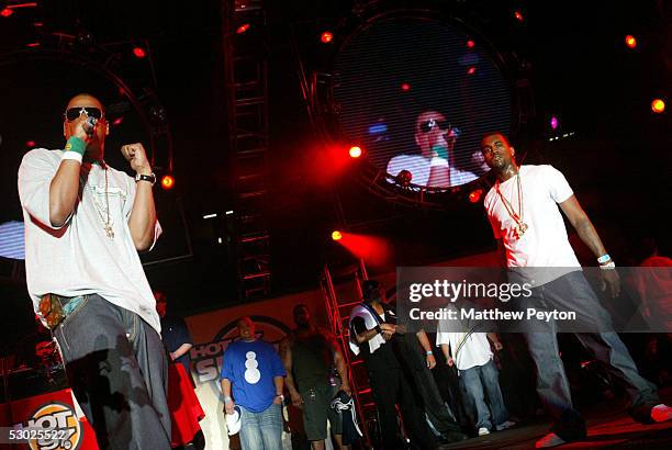 Def Jam president/rapper Jay-Z and Kanye West perform at the Hot 97 Summer Jam 2005 Concert June 5, 2005 at Giant Stadium in East Rutherford, New...