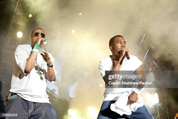 Def Jam president/rapper Jay-Z and Kanye West perform at the Hot 97 Summer Jam 2005 Concert June 5, 2005 at Giant Stadium in East Rutherford, New...