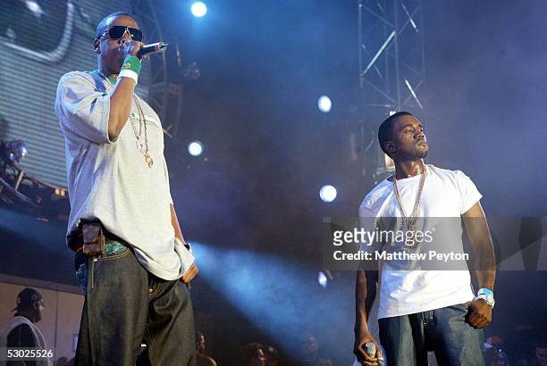 Def Jam president/rapper Jay-Z and Kanye West perform at the Hot 97 Summer Jam 2005 Concert June 5, 2005 at Giant Stadium in East Rutherford, New...