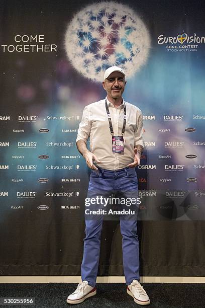 Contestant Serhat Hacipasalioglu of San Marino gestures as he speaks to the press before the semifinals of 2016 Eurovision Song Contest at Globe...