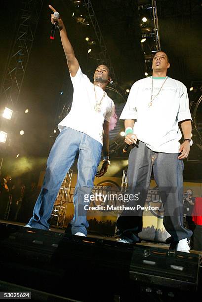Def Jam president/rapper Jay-Z and Kanye West perform at the Hot 97 Summer Jam 2005 Concert June 5, 2005 at Giant Stadium in East Rutherford, New...