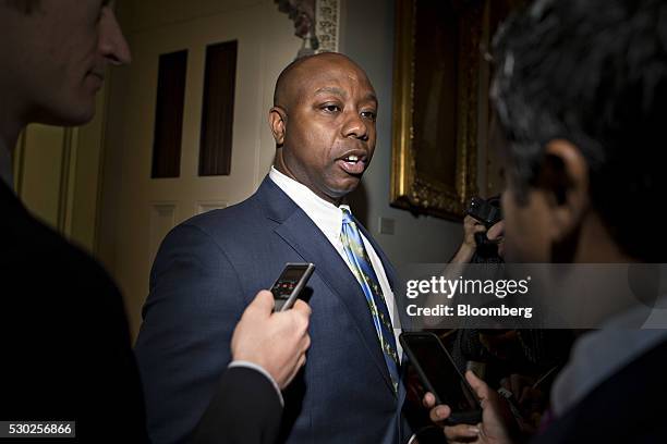 Senator Tim Scott, a Republican from South Carolina, speaks to members of the media as he arrives to a Senate luncheon meeting at the U.S. Capitol in...