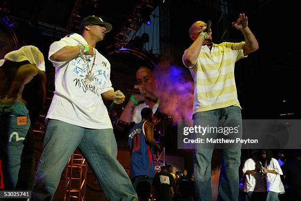 Daddy Yankee and Pitbull perform at the Hot 97 Summer Jam 2005 Concert June 5, 2005 at Giant Stadium in East Rutherford, New Jersey.