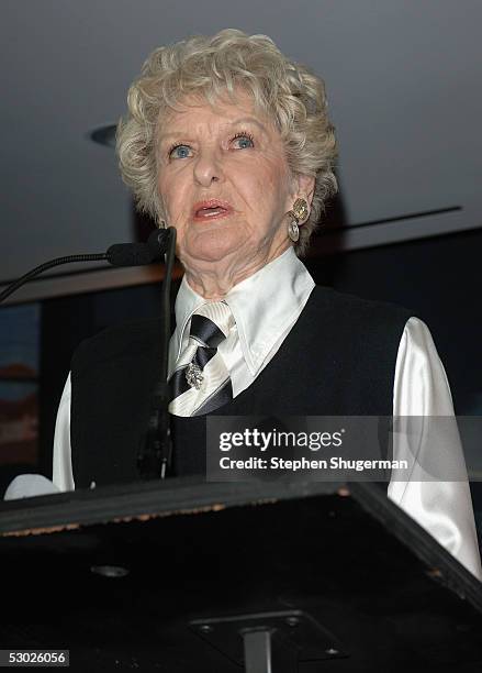 Actress Elaine Stritch speaks at The 2005 Tony Awards Party & "The Julie Harris Award", which honored Stockard Channing, at the Skirball Center on...