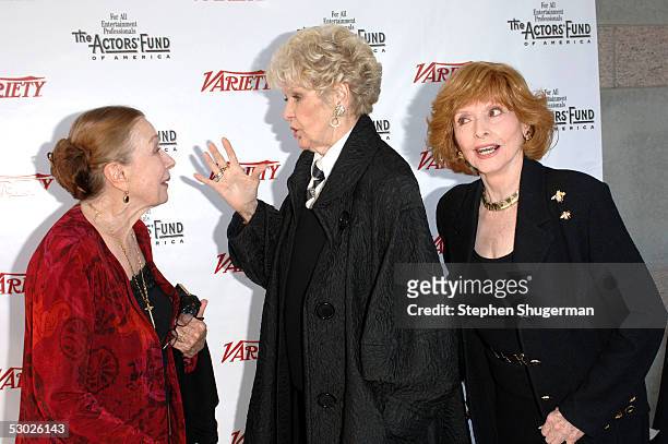Actress Pat Morrison, actress Elaine Stritch and Patricia Barry, who is pretending to easedrop, attend The 2005 Tony Awards Party & "The Julie Harris...